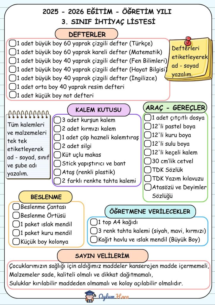 3. Sınıf İhtiyaç Listesi
